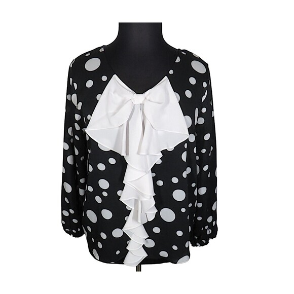 None Tops - Women's Black And White Polka Dot Ruffled Bow Blouse Size XL